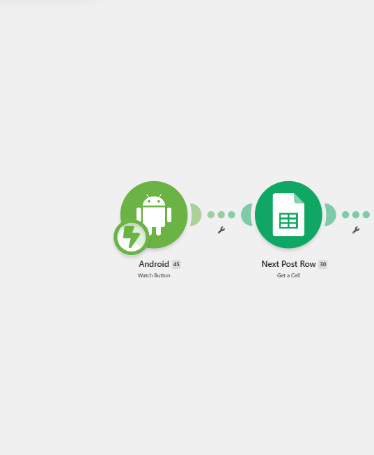 Zoomed view of the Make.com scenario showing the Watch Button trigger and Google Sheets Get a Cell and Get Range Values modules.
