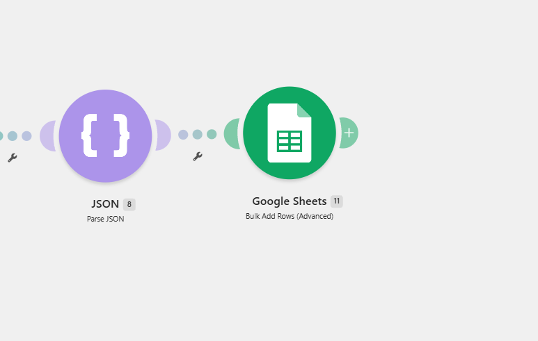 Zoomed view of the Make.com scenario showing JSON Parse and Google Sheets Bulk Add Rows modules.